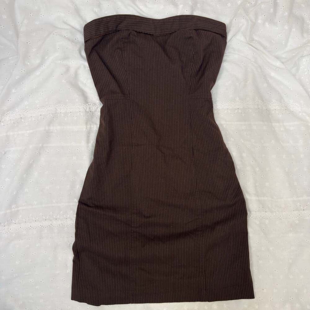 Mini Dress Brown Pinstripe Strapless Vintage Y2K Office Siren S by Guess